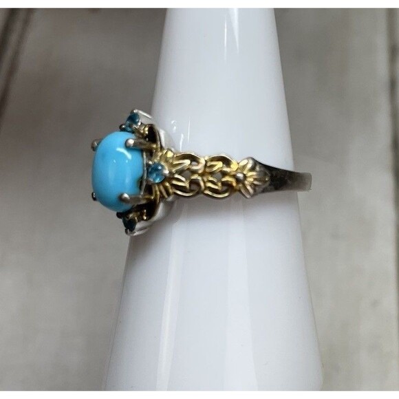 Delicate STS Turquoise and Neon Apatite 925 SS Ring Two Toned Sz 7 - Picture 3 of 8